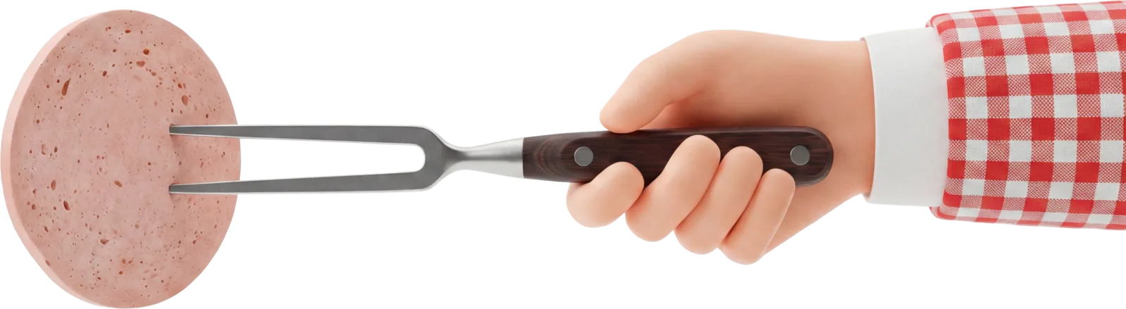 Eine Hand im karierten Hemd reicht ein Rädchen Lyoner auf der Fleischgabel über die Theke